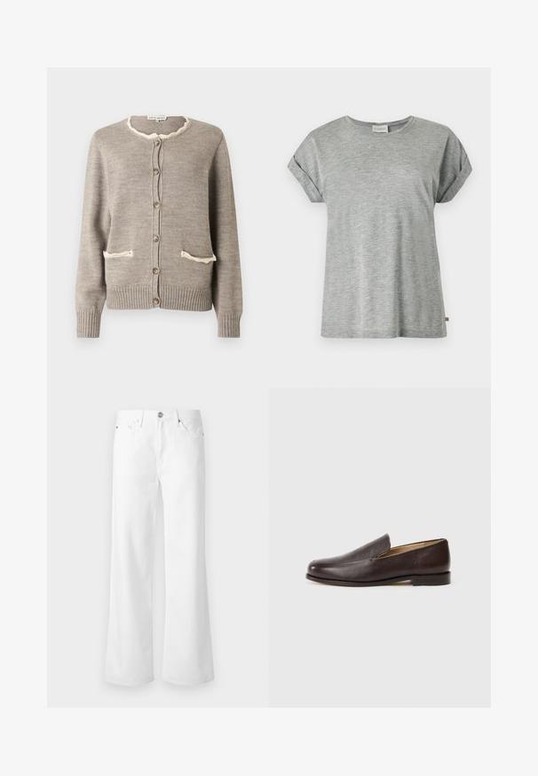 Cardigan marron clair en tricot texturé, avec un col cranté crème, deux poches à l'avant et des boutons marron. Poignets et ourlet côtelés.; T-shirt en coton gris clair à manches courtes avec revers aux manches et col rond, présenté à plat sur fond blanc.; Jean blanc taille haute à jambes larges avec bouton à l'avant, fermeture éclair et style à cinq poches sur un fond clair uni.; Mocassins en cuir marron avec une texture lisse, bout arrondi, talon bas empilé et détails de couture minimalistes, sur fond blanc.