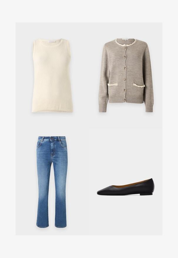 Cardigan marron clair en tricot texturé, avec un col cranté crème, deux poches à l'avant et des boutons marron. Poignets et ourlet côtelés.; Haut sans manches crème avec une texture côtelée et un col rond. Le tissu semble doux, avec une coupe ajustée et sans motifs ni accents visibles.; Jean en denim bleu taille haute avec jambes légèrement évasées, cinq poches, fermeture par bouton et décoloration subtile sur le devant.; Chaussure plate en cuir noir à bout pointu avec talon bas et finition lisse, vue de côté sur un fond gris clair.