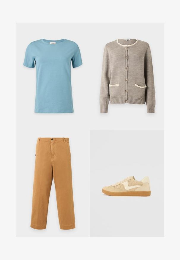 Cardigan marron clair en tricot texturé, avec un col cranté crème, deux poches à l'avant et des boutons marron. Poignets et ourlet côtelés.; T-shirt bleu clair à manches courtes et col rond avec un design simple et uni, présenté sur fond blanc.; Pantalon décontracté marron à jambes droites avec passants pour ceinture, fermeture par bouton et poches latérales sur fond blanc.; Sneaker beige avec des matériaux en daim et en maille, forme arrondie, col rembourré proéminent et semelle en caoutchouc gomme. Présente un accent de design en forme de vague.