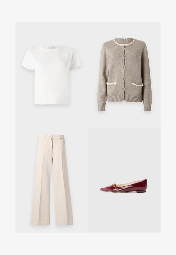 Cardigan marron clair en tricot texturé, avec un col cranté crème, deux poches à l'avant et des boutons marron. Poignets et ourlet côtelés.; T-shirt en coton blanc à manches courtes, col rond et coupe décontractée. Étiquette visible au niveau du col, texture lisse. Design simple, sans motifs.; Pantalons larges taille haute beige avec bouton avant, fermeture éclair, passants de ceinture et poches latérales sur un fond clair.; Ballerines en cuir verni bordeaux avec un bout pointu, présentant un petit détail découpé et un petit talon. Texture lisse et design épuré.