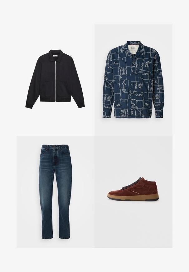 Zwarte ritssluiting jack met een kraag, twee voorkruiszakken, ribgebreide manchetten en een textuurstofafwerking. Eenvoudig en modern ontwerp.; Marineblauwe lange mouwen shirt met witte geborduurde geometrische patronen, voorzien van een notch-kraag en een knoopsluiting aan de voorkant.; Donkerblauwe recht gesneden jeans met een sluiting met knoop en rits aan de voorkant, vijf-pocket ontwerp en subtiele vervaging op de dijen en knieën.; Hoge sneakers van roestkleurig suede met zwarte veters, een tan rubberen zool en gouden "CPH STUDIOS" branding op de zijkant.