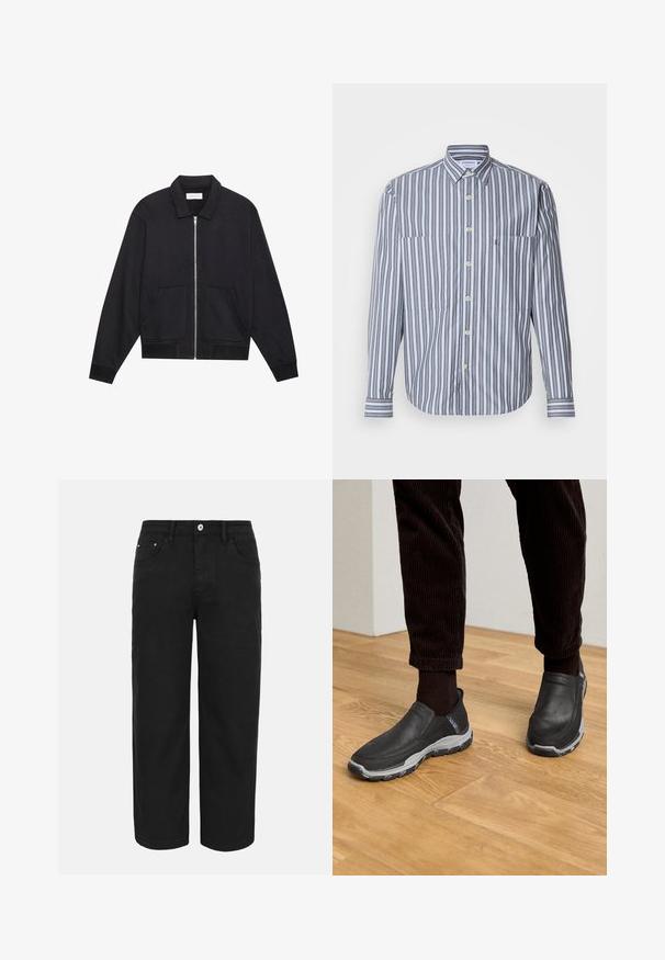 Sort lynlåsjakke med krave, to frontlommer, ribbede manchetter og en struktureret stoffinish. Enkel og moderne design.; Stribet skjorte i blå og hvide nuancer, med lange ærmer, en frontlomme og knaplukninger, lavet af letvægtsstof.; Sorte bukser med lige ben, forrest med knap- og lynlåslukning, bæltestropper og tre forlommer på en ensfarvet lys baggrund.; Sorte slip-on sko med strukturerede læderoverdele og en grå gummi sål, placeret på et trægulv og med fløjlsshorts.