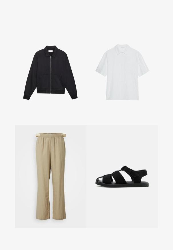 Veste noire zippée avec col, deux poches avant, poignets côtelés et finition en tissu texturé. Design simple et moderne.; Chemise blanche à manches courtes avec un devant à boutons, un col pointu, une poche poitrine unique et un tissu texturé pour un détail supplémentaire.; Pantalons beige à jambes larges en tissu léger. Taille élastique avec cordon de serrage. Comprend des poches avant et des jambes droites.; Sandale plate noire avec trois larges brides et une bride de cheville en Velcro, bout ouvert, et semelle rembourrée sur un fond clair uni.