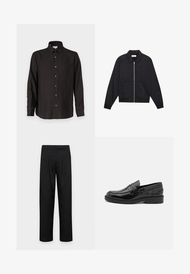 Chaqueta negra con cremallera y cuello, dos bolsillos frontales, puños acanalados y un acabado de tela texturizada. Diseño simple y moderno.; Camisa negra de manga larga hecha de una tela suave, con un cierre frontal de botones, collar puntiagudo y dobladillo redondeado con botones en contraste.; Pantalones negros de tela suave, con un diseño de pierna recta, dos pliegues frontales y una cintura estándar con trabillas para el cinturón.; Mocasines de cuero negro con un acabado suave, punta redondeada, tacón bajo y costura decorativa en la parte delantera. Suela de goma para mayor agarre.