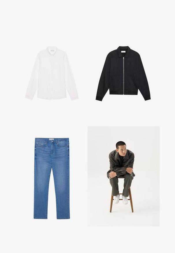 Veste noire zippée avec col, deux poches avant, poignets côtelés et finition en tissu texturé. Design simple et moderne.; Chemise blanche à manches longues, en coton. Présente un col classique, des boutons sur le devant et une texture lisse sans motifs visibles.; Jeans en denim bleu clair avec une coupe droite, design à cinq poches, décoloration subtile et accents en métal au niveau de la taille et des poches.; Jeune homme en veste en cuir foncée et jean, assis sur un tabouret en bois, penché en avant, les bras croisés, regardant sur le côté sur fond blanc.
