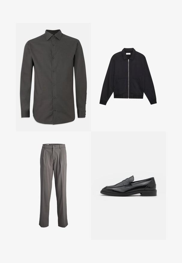 Chaqueta negra con cremallera y cuello, dos bolsillos frontales, puños acanalados y un acabado de tela texturizada. Diseño simple y moderno.; Camisa de botón de manga larga en gris oscuro con un cuello estructurado, botones frontales y tabulaciones ajustables en los puños. Textura de tela suave y corte ajustado.; Pantalones gris con pinzas, exhibidos sobre un fondo blanco. Cuentan con cierre de botón y diseño de pierna recta.; Mocasines de cuero negro con un acabado suave, que presentan una punta redondeada y una banda estrecha en la parte superior. Tacón bajo apilado.