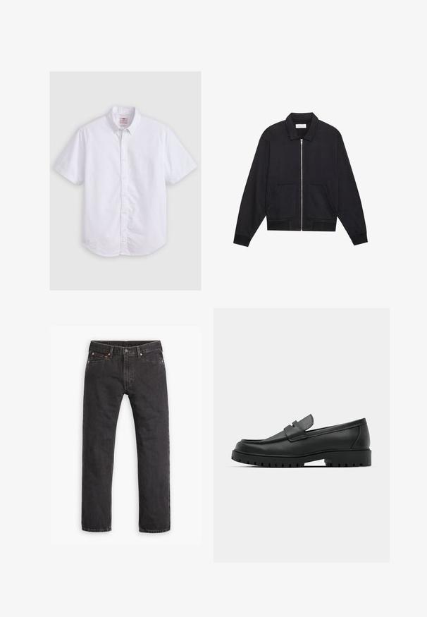 Veste noire zippée avec col, deux poches avant, poignets côtelés et finition en tissu texturé. Design simple et moderne.; Chemise blanche à manches courtes en coton, avec col button-down, texture subtile, ourlet incurvé et fermeture à boutons traditionnelle.; Jeans en denim noirs à jambes droites avec cinq poches, fermeture à bouton et rivets cuivrés, posés à plat sur un fond blanc.; Mocassins en cuir noir à bout arrondi, avec un design cousu, une semelle plateforme basse et une semelle en caoutchouc texturée et crantée.
