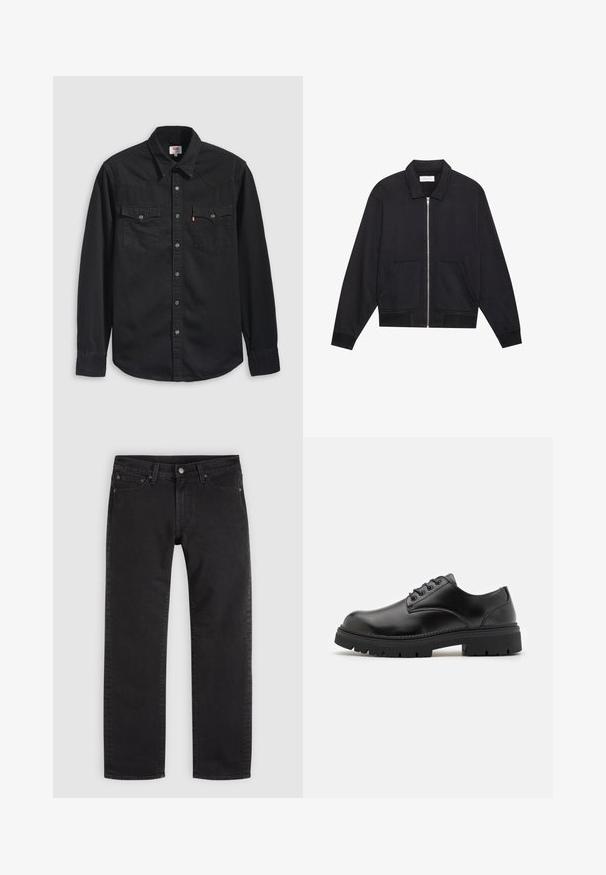 Veste noire zippée avec col, deux poches avant, poignets côtelés et finition en tissu texturé. Design simple et moderne.; Chemise en denim noir avec col boutonné, deux poches poitrine et un col pointu avec des détails de couture visibles.; Jean noir droit avec bouton et fermeture éclair à l'avant, passants de ceinture et design à cinq poches sur un fond clair uni.; Chaussures en cuir noir avec un bout rond, un laçage et une semelle en caoutchouc épaisse et texturée. Présente des coutures le long du bord et une finition lisse.