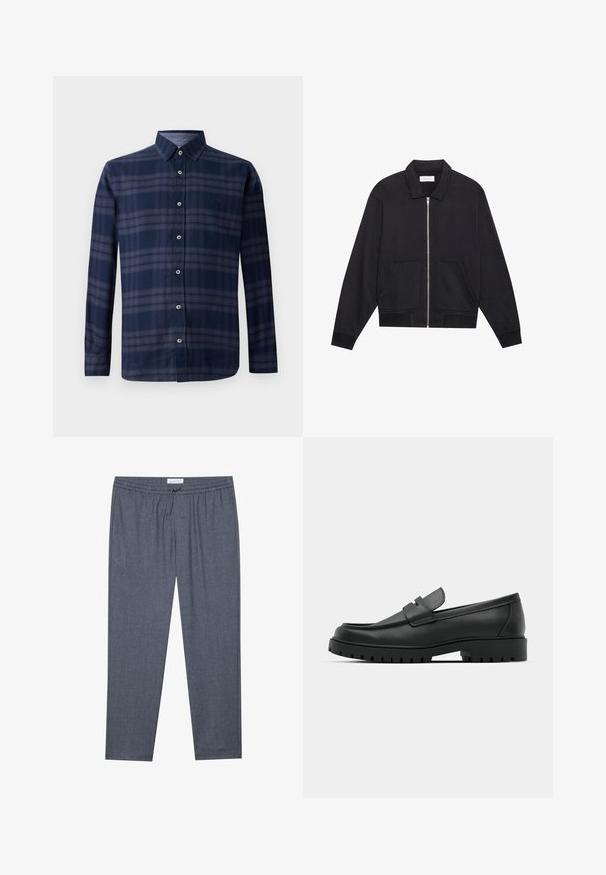 Sort lynlåsjakke med krave, to frontlommer, ribbede manchetter og en struktureret stoffinish. Enkel og moderne design.; Langærmet skjorte i marineblå plaid med knappet front og spids krave, præsenteret mod en hvid baggrund.; Grå, lige ben bukser med en snoretræk i taljen og en subtil tekstur. Stoffet ser blødt og behageligt ud, velegnet til afslappet brug.; Sorte læder loafers med rund tå, der har et syet design, lav platformssål og en struktureret, skridsikker gummisål.