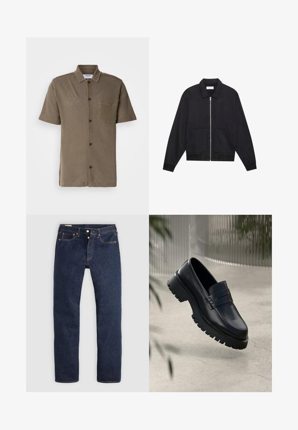 Veste noire zippée avec col, deux poches avant, poignets côtelés et finition en tissu texturé. Design simple et moderne.; Chemise à manches courtes, couleur olive, en tissu en maille, avec un devant à boutons, une poche poitrine et une coupe décontractée.; Jean droit bleu foncé avec braguette à boutons, poches avant et arrière, et surpiqûres contrastantes, posé à plat sur un fond clair.; Mocassins en cuir noir avec une semelle à crampons épaisse, dotés d'une sangle décorative et de détails de couture. Texture lisse avec une finition polie.