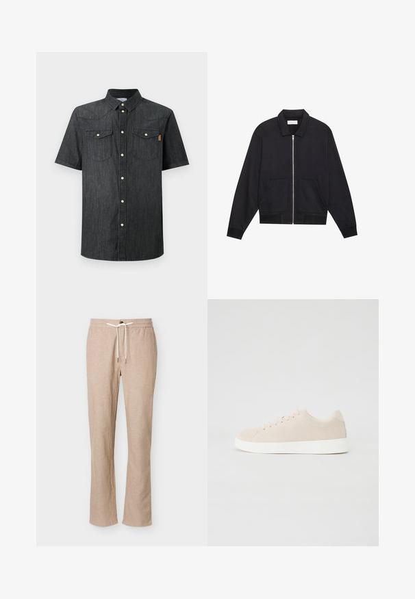 Veste noire zippée avec col, deux poches avant, poignets côtelés et finition en tissu texturé. Design simple et moderne.; Chemise noire en denim à manches courtes avec deux poches avant à rabat et des boutons-pression blancs au centre.; Pantalon décontracté beige en mélange de lin avec taille élastique et cordon blanc, coupe droite, sans poches visibles, présenté sur fond blanc.; Baskets en daim beige avec semelles en caoutchouc blanc, bout rond et six œillets pour les lacets. Texture lisse avec un design minimaliste.