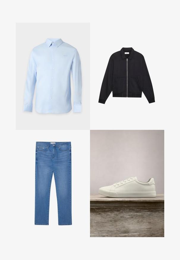 Veste noire zippée avec col, deux poches avant, poignets côtelés et finition en tissu texturé. Design simple et moderne.; Chemise bleu clair à manches longues, boutonnée, col et logo discret sur la poitrine gauche, présentée sur un fond uni.; Jeans en denim bleu clair avec une coupe droite, design à cinq poches, décoloration subtile et accents en métal au niveau de la taille et des poches.; Sneaker en dentelle blanche flottant au-dessus d'un banc en bois avec un feuillage vert en arrière-plan, mettant en valeur le design et la texture de la chaussure.
