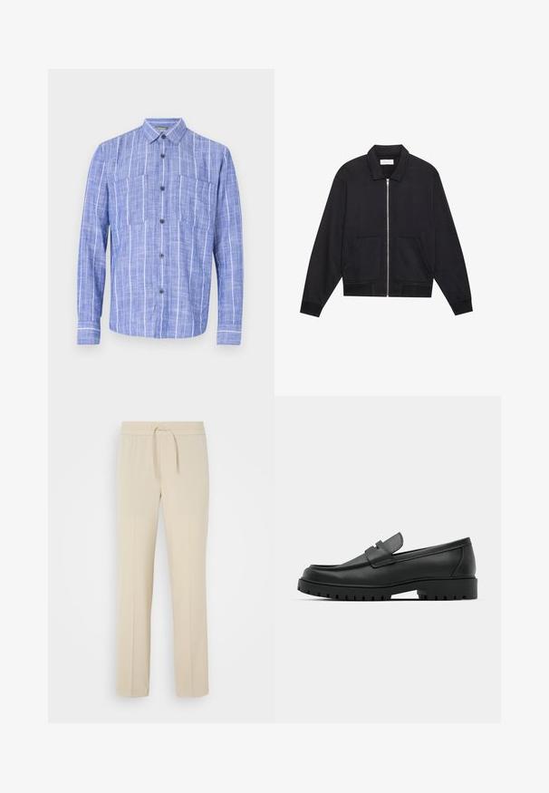 Chaqueta negra con cremallera y cuello, dos bolsillos frontales, puños acanalados y un acabado de tela texturizada. Diseño simple y moderno.; Camisa azul de manga larga con rayas verticales blancas, cierre de botones en la parte delantera, dos bolsillos en el pecho y cuello clásico.; Pantalones beis con cintura elástica y cordón. Presentan piernas rectas y una textura suave, adecuados para el uso casual o para relajarse.; Mocasines de cuero negro con punta redonda, que cuentan con un diseño cosido, suela de plataforma baja y una suela de goma texturada y con tacos.