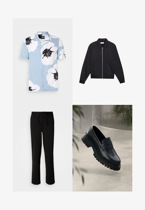 Schwarze Zip-Jacke mit Kragen, zwei Fronttaschen, gerippten Bündchen und einer strukturierten Stoffoberfläche. Einfaches und modernes Design.; Kurzarm-Hemd aus leichtblauem Stoff mit großen weißen Blumen und schwarzen Akzenten. Mit einem Camp-Kragen und lässiger Passform.; Schwarze Jogginghosen mit einem Kordelzugbund, hergestellt aus weichem, elastischem Material. Sie haben einen lockeren Schnitt mit geraden Beinen und keine sichtbaren Taschen.; Schwarze Lederloafer mit einer robusten profilierten Sohle, ausgestattet mit einem dekorativen Riemen und einer Stichdetail. Glatte Textur mit einem polierten Finish.