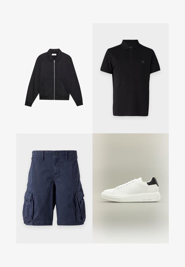 Sort lynlåsjakke med krave, to frontlommer, ribbede manchetter og en struktureret stoffinish. Enkel og moderne design.; Sort polo shirt med en foldet krave, to knapper ved halsen og et broderet logo på venstre side af brystet. Korte ærmer.; Mørkeblå cargo shorts lavet af bomuld. Har flere sidelommer, knappelukning og en afslappet pasform. Glat tekstur og holdbart design.; Hvid lav sneakers med tyk sål, snørelukning foran og sort hælstrop, mærket med "Steve Madden" på siden af sålen.