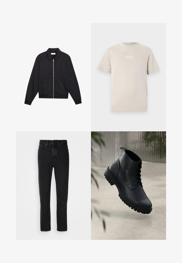 Sort lynlåsjakke med krave, to frontlommer, ribbede manchetter og en struktureret stoffinish. Enkel og moderne design.; Beige bomulds t-shirt med korte ærmer, rund halsudskæring og et lille hvidt trykt logo på den øverste bryst.; Sorte denim jeans med lige ben-design, med knap- og lynlåslukning, forlommer og subtile teksturer.; Sorte læder ankelstøvler med rund tå, snørebåndsdesign og robust gummisål. Glat tekstur med en løkke bagpå.
