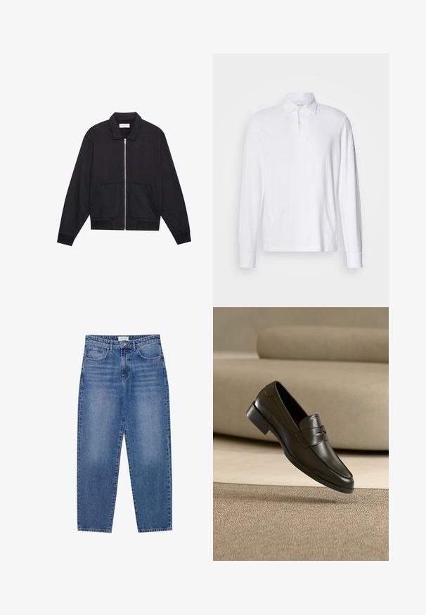Schwarze Zip-Jacke mit Kragen, zwei Fronttaschen, gerippten Bündchen und einer strukturierten Stoffoberfläche. Einfaches und modernes Design.; Weißes langärmliges Polohemd mit Kragen und zwei Knöpfen, auf einem hellgrauen Hintergrund präsentiert.; Blaue Denim-Jeans mit hoher Taille, geradem Bein und ausgebleichtem Finish. Verfügt über fünf Taschen und einen Knopfverschluss.; Schwarzer Leder-Slipper, der über einem beigen Teppich schwebt, mit einem beigen Sofa im Hintergrund, und zeigt das klassische Herren-Design zum Hineinschlüpfen.