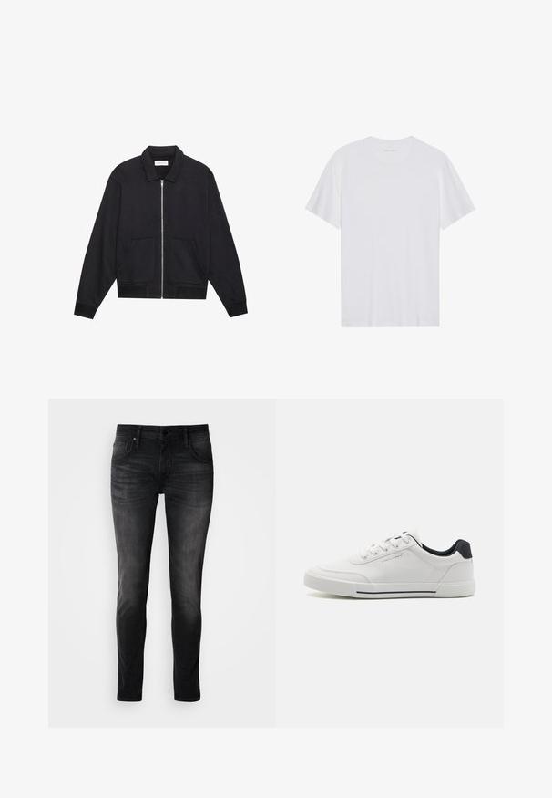 Schwarze Zip-Jacke mit Kragen, zwei Fronttaschen, gerippten Bündchen und einer strukturierten Stoffoberfläche. Einfaches und modernes Design.; Weißes Baumwoll-T-Shirt mit kurzen Ärmeln, Rundhalsausschnitt und glatter Textur. Verfügt über eine minimale Markenkennzeichnung am Halsausschnitt.; Schwarze Denim-Jeans im Slim-Fit-Schnitt, mit fünf Taschen, dezentem Used-Look und Kontrastnähten. Ausgestattet mit klassischem Metallknopf und Reißverschluss.; Weiße Sneakers mit einem glatten synthetischen Obermaterial, runder Spitze, Schnürdesign, marineblauem Akzent an der Ferse und einer strukturierten Gummisohle mit einem schwarzen Streifen.