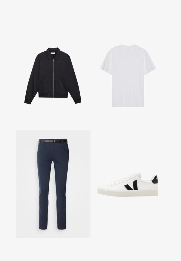 Schwarze Zip-Jacke mit Kragen, zwei Fronttaschen, gerippten Bündchen und einer strukturierten Stoffoberfläche. Einfaches und modernes Design.; Weißes Baumwoll-T-Shirt mit kurzen Ärmeln, Rundhalsausschnitt und glatter Textur. Verfügt über eine minimale Markenkennzeichnung am Halsausschnitt.; Marineblaue Baumwollhose im slim fit, mit einem strukturierten schwarzen Ledergürtel und klassischen Taschen. Schlichtes Design, ohne Muster.; Weiße Leder-Sneaker mit schwarzen Wildlederelementen; verfügen über eine Gummisohle, eine runde Spitze und ein klassisches Schnürdesign. Seitliches Logo in Schwarz.