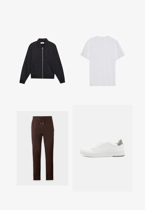 Veste noire zippée avec col, deux poches avant, poignets côtelés et finition en tissu texturé. Design simple et moderne.; T-shirt en coton blanc à manches courtes, col rond et texture lisse. Présente un branding minimal au niveau du col.; Pantalon de survêtement marron avec poignets et ceinture côtelés, doté d’un cordon de serrage et d’un petit logo jaune sur la cuisse droite.; Basket blanche en cuir lisse, à bout arrondi, design minimaliste, accent de talon gris et semelle en caoutchouc texturé.