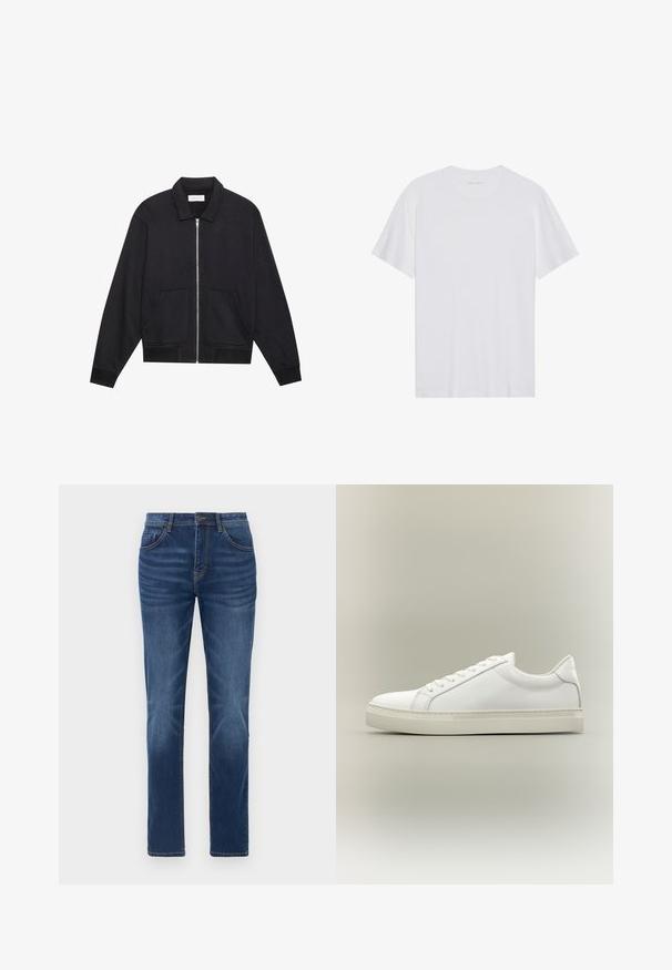 Schwarze Zip-Jacke mit Kragen, zwei Fronttaschen, gerippten Bündchen und einer strukturierten Stoffoberfläche. Einfaches und modernes Design.; Weißes Baumwoll-T-Shirt mit kurzen Ärmeln, Rundhalsausschnitt und glatter Textur. Verfügt über eine minimale Markenkennzeichnung am Halsausschnitt.; Dunkelblaue Denim-Jeans mit klassischem gerade geschnittenem Schnitt, Fünf-Taschen-Design und leichtem Verblassen an den Beinen. Mit Knopf- und Reißverschluss.; Weißer Sneaker mit niedrigem Schaft, vorn mit Schnürung und dicker Sohle, aus der Seitenansicht vor neutralem Hintergrund.