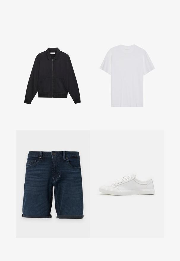 Zwarte ritssluiting jack met een kraag, twee voorkruiszakken, ribgebreide manchetten en een textuurstofafwerking. Eenvoudig en modern ontwerp.; Witte katoenen T-shirt met korte mouwen, een ronde hals en een gladde textuur. Heeft minimale branding op de halslijn.; Donkerblauwe denimshorts met opgerolde mouwen, voorzien van voorzakken, een knoopsluiting en een merkelabel op de achterzak.; Witte sneakers met een glad leren bovenwerk, ronde neus, platte rubberen zool en zes oogjes voor veters. Subtiele stikseldetails, minimalistisch ontwerp.