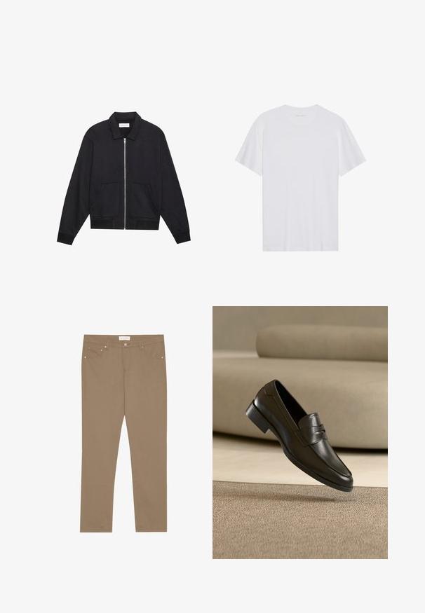 Chaqueta negra con cremallera y cuello, dos bolsillos frontales, puños acanalados y un acabado de tela texturizada. Diseño simple y moderno.; Camiseta de algodón blanca con mangas cortas, cuello redondo y una textura suave. Presenta una marca mínima en el escote.; Pantalones de algodón elásticos color beige con un diseño de pierna recta, estilo de cinco bolsillos y acentos de herrajes metálicos. Textura suave y detalles de costura clásica.; Zapato mocasín de cuero negro flotando sobre una alfombra beige con un sofá beige en el fondo, mostrando el diseño clásico para hombres sin cordones.