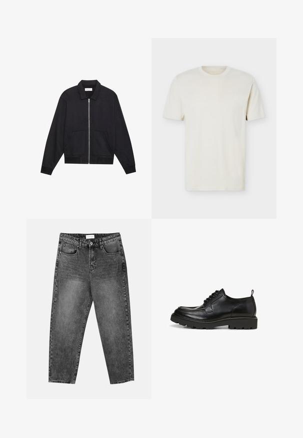 Zwarte ritssluiting jack met een kraag, twee voorkruiszakken, ribgebreide manchetten en een textuurstofafwerking. Eenvoudig en modern ontwerp.; Effen gebroken wit T-shirt met korte mouwen en ronde hals, met subtiel logo op de linkerborst, weergegeven op een effen witte achtergrond.; Zwart gewassen rechte jeans met voor- en achterzakken, riemlussen en een knoopsluiting in de taille.; Zwarte leren schoenen met een ronde neus, vetersluiting, gestructureerde bovenkant en robuuste loopzool. Voorzien van een trekband bij de hiel voor gemakkelijk aan- en uittrekken.