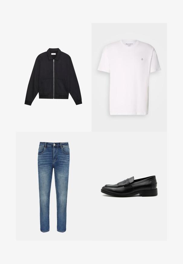 Schwarze Zip-Jacke mit Kragen, zwei Fronttaschen, gerippten Bündchen und einer strukturierten Stoffoberfläche. Einfaches und modernes Design.; Weißes kurzärmliges T-Shirt aus Baumwolle mit Rundhalsausschnitt und einem kleinen grauen Logo auf der Brust. Glatte Textur, klassischer Schnitt.; Blaue gerade geschnittene Jeans mit vorderer Knopfleiste und Reißverschluss, Gürtelschlaufen sowie Vorder- und Gesäßtaschen.; Schwarzer Leder-Herrenloafer mit Quasten-Detail, abgerundeter Spitze, niedrigem Absatz und glatter, polierter Oberfläche, von der Seite auf weißem Hintergrund dargestellt.