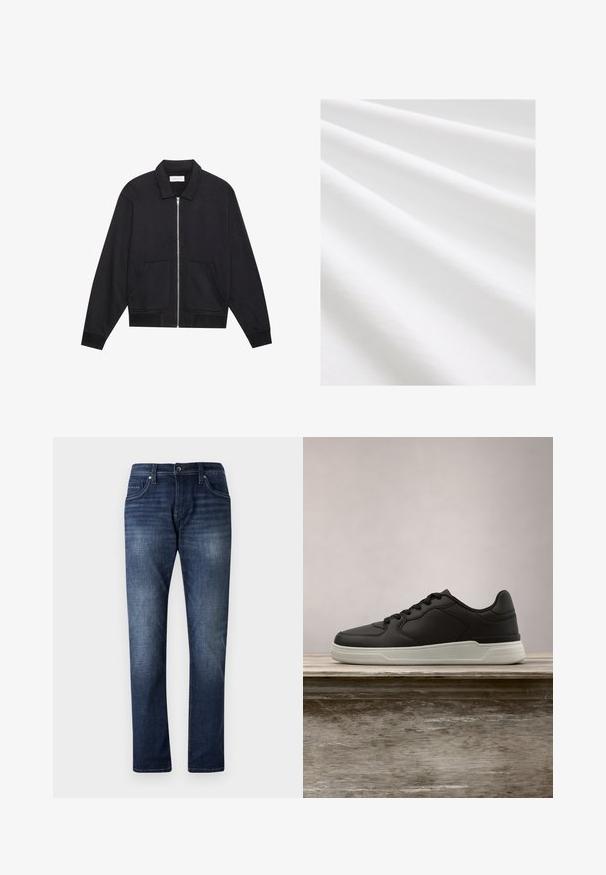 Veste noire zippée avec col, deux poches avant, poignets côtelés et finition en tissu texturé. Design simple et moderne.; Tissu en coton, couleur blanche, texture lisse avec de subtils plis et rides. Surface uniforme, légèrement réfléchissante, sans motifs ni accents.; Jean en denim bleu foncé avec une coupe droite, présentant un effet délavé, cinq poches et des coutures visibles le long des coutures.; Baskets noires avec semelle blanche suspendues au-dessus d'un banc en bois, avec un feuillage vert en arrière-plan flou.