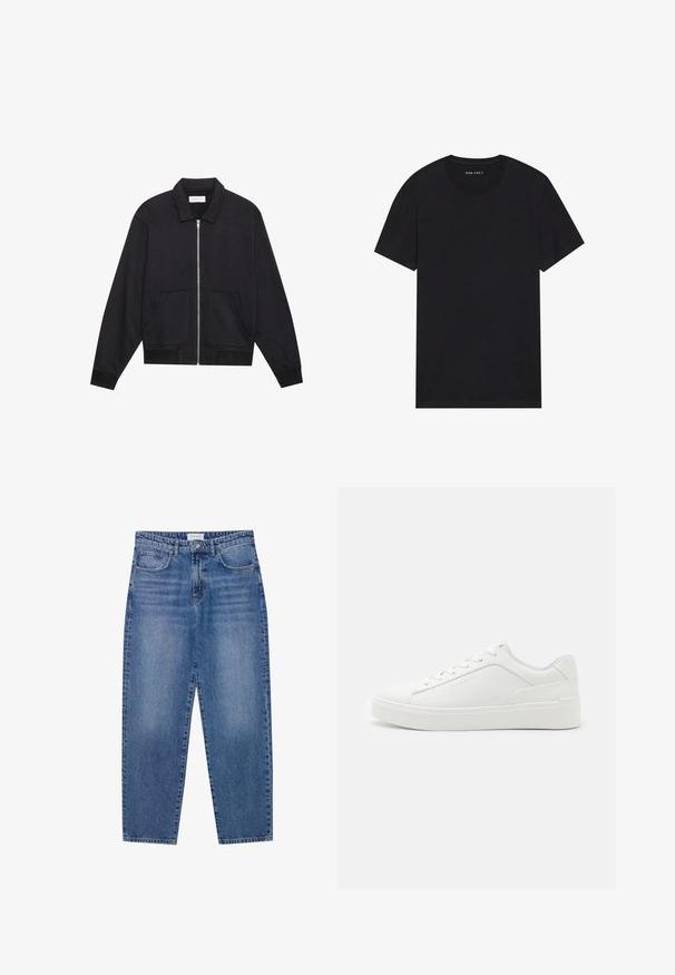 Schwarze Zip-Jacke mit Kragen, zwei Fronttaschen, gerippten Bündchen und einer strukturierten Stoffoberfläche. Einfaches und modernes Design.; Schwarzes Baumwoll-T-Shirt mit kurzen Ärmeln und rundem Ausschnitt. Der Stoff hat eine glatte Textur und ein einfaches, schlichtes Design.; Blaue Denim-Jeans mit hoher Taille, geradem Bein und ausgebleichtem Finish. Verfügt über fünf Taschen und einen Knopfverschluss.; Weiße Low-Top-Sneaker aus glattem Leder mit runder Schuhspitze, flachen Sohlen und dezentem Branding an der Seite.