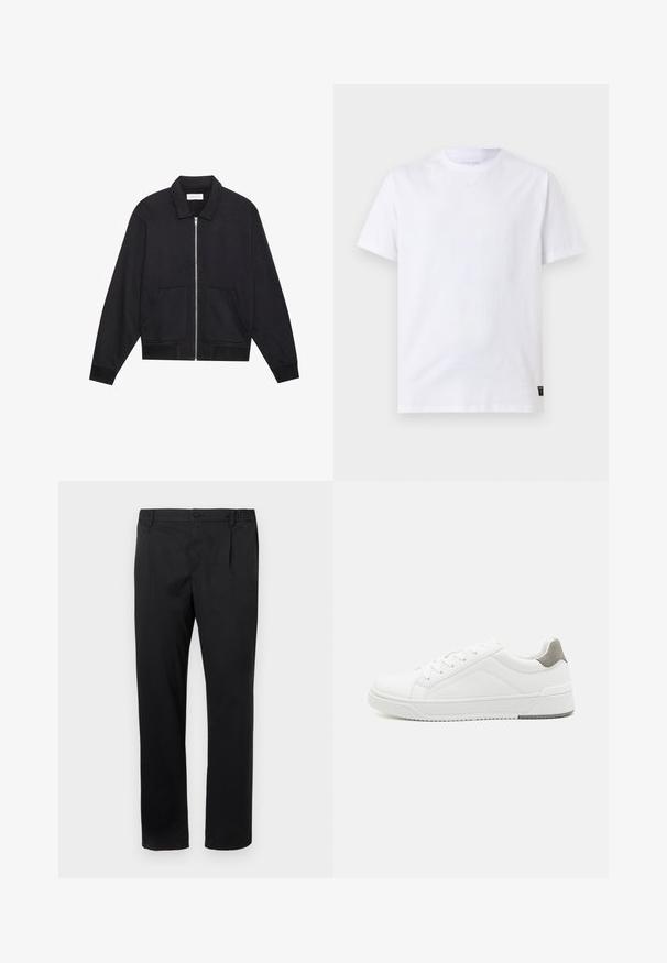 Sort lynlåsjakke med krave, to frontlommer, ribbede manchetter og en struktureret stoffinish. Enkel og moderne design.; Simpel hvid T-shirt med korte ærmer og rund halsudskæring med en lille sort vaskeanvisningslabel nederst i sømmen på en lysegrå baggrund.; Sorte lige ben bukser med knap- og lynlåslukning, sidelommer og delvist elastisk talje på hvid baggrund.; Hvid sneaker lavet af glat læder, rund tå, minimalistisk design, grå hælafsats og tekstureret gummisål.