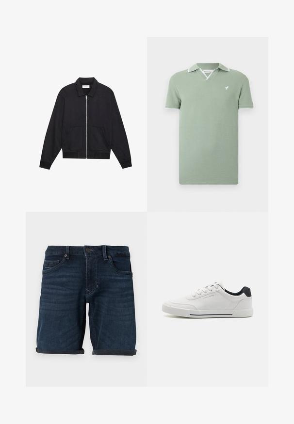 Schwarze Zip-Jacke mit Kragen, zwei Fronttaschen, gerippten Bündchen und einer strukturierten Stoffoberfläche. Einfaches und modernes Design.; Hellgrünes Poloshirt mit kurzen Ärmeln, weißem Besatz am Kragen und an den Bündchen, V-Ausschnitt und kleinem weißem Vogel-Logo auf der Brust.; Dunkelblaue Denim-Shorts mit umgeschlagenen Säumen, mit Fronttaschen, einem Knopfverschluss und einem Markenetikett auf der Gesäßtasche.; Weiße Sneakers mit einem glatten synthetischen Obermaterial, runder Spitze, Schnürdesign, marineblauem Akzent an der Ferse und einer strukturierten Gummisohle mit einem schwarzen Streifen.