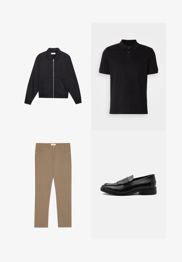 Sort lynlåsjakke med krave, to frontlommer, ribbede manchetter og en struktureret stoffinish. Enkel og moderne design.; Sort polo skjorte lavet af bomuld, med klassisk krave, to-knaps lukning, korte ærmer og et broderet logo på brystet.; Tan bomuldsstretchbukser med lige ben, fem-lomme stil og metalhardware-detaljer. Glat tekstur og klassiske syninger.; Sort læder herre loafers med kvast detalje, rundet tå, lav hæl og glat poleret finish, vist fra siden på hvid baggrund.