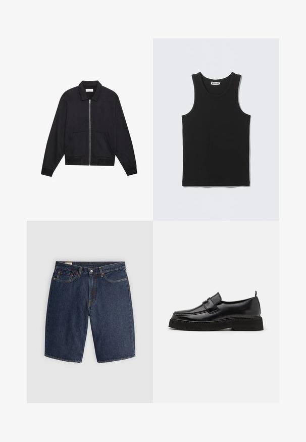 Chaqueta negra con cremallera y cuello, dos bolsillos frontales, puños acanalados y un acabado de tela texturizada. Diseño simple y moderno.; Camiseta negra sin mangas con costillas, escote redondo y etiqueta de la marca Weekday en el interior del cuello trasero.; Pantalones cortos de mezclilla en azul oscuro, con un diseño clásico que incluye cinco bolsillos, costuras cosidas, cierre de botón y bolsillos traseros curvados.; Zapatos estilo mocasín de cuero negro con suela plana y texturizada, con puntera cosida y una correa a lo largo del empeine.