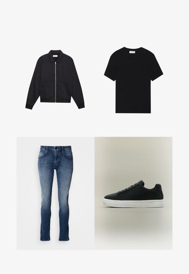 Schwarze Zip-Jacke mit Kragen, zwei Fronttaschen, gerippten Bündchen und einer strukturierten Stoffoberfläche. Einfaches und modernes Design.; Schwarzes T-Shirt mit kurzen Ärmeln aus geripptem Stoff, mit Rundhalsausschnitt und einer schlichten, kastigen Silhouette.; Blaue Jeans aus Denim mit einem ausgewaschenen Finish, Fünf-Taschen-Design, geradem Bein und Steppnähte. Einfache Knopf- und Reißverschlussöffnung.; Schwarzer Low-Top-Sneaker mit schwarzen Schnürsenkeln und dicker weißer Gummisohle, von der Seite auf neutralem Hintergrund.