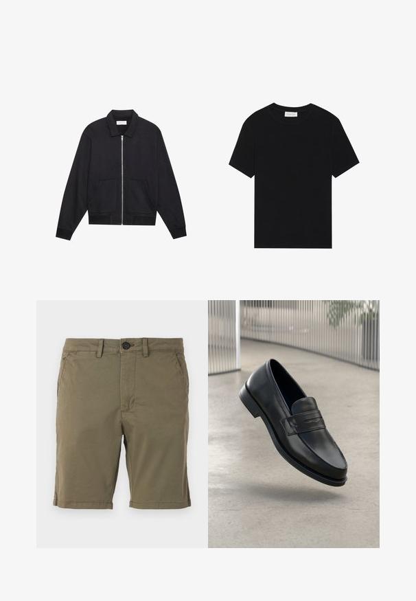 Veste noire zippée avec col, deux poches avant, poignets côtelés et finition en tissu texturé. Design simple et moderne.; T-shirt noir à manches courtes en tissu côtelé, avec un col rond et une silhouette simple et carrée.; Shorts vert olive en tissu mélangé coton, avec une fermeture à bouton, des poches avant et un bas ourlé avec des détails de couture subtils.; Mocassin en cuir noir à texture lisse, bout pointu et bande décorative sur le cou-de-pied. Semelle légère, design minimaliste.