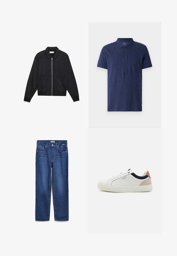 Zwarte ritssluiting jack met een kraag, twee voorkruiszakken, ribgebreide manchetten en een textuurstofafwerking. Eenvoudig en modern ontwerp.; Navyblauw poloshirt van katoen met een drie-knopen sluiting, korte mouwen en een subtiele logo op de borst. Soepele textuur.; Denim jeans in diepblauwe kleur, recht gesneden ontwerp met een gemiddelde tailleband, vijf zakken en subtiele vervaging aan de voorkant.; Witte leren sneakers met een laag ontwerp, marineblauwe stoffen accenten op de kraag en een lichtroze suède hieltab. Rubberen zool.