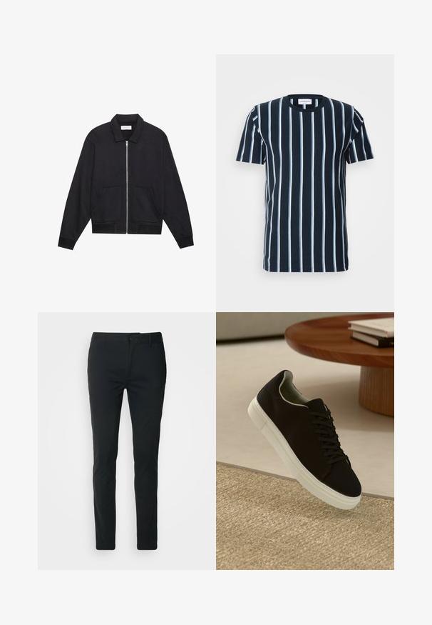 Sort lynlåsjakke med krave, to frontlommer, ribbede manchetter og en struktureret stoffinish. Enkel og moderne design.; Marineblå stribet t-shirt med lodrette hvide striber, rund halsudskæring, korte ærmer og en afslappet pasform. Glat bomuldsstof.; Sorte chinos med slim fit. Fremstillet af glat bomuldsstof, har en knaplukning og bæltestropper. Ingen synlige mønstre eller detaljer.; Sort sneaker med hvid sål svævende over en beige tekstureret tæppe nær et rundt trætabel med stablede bøger.