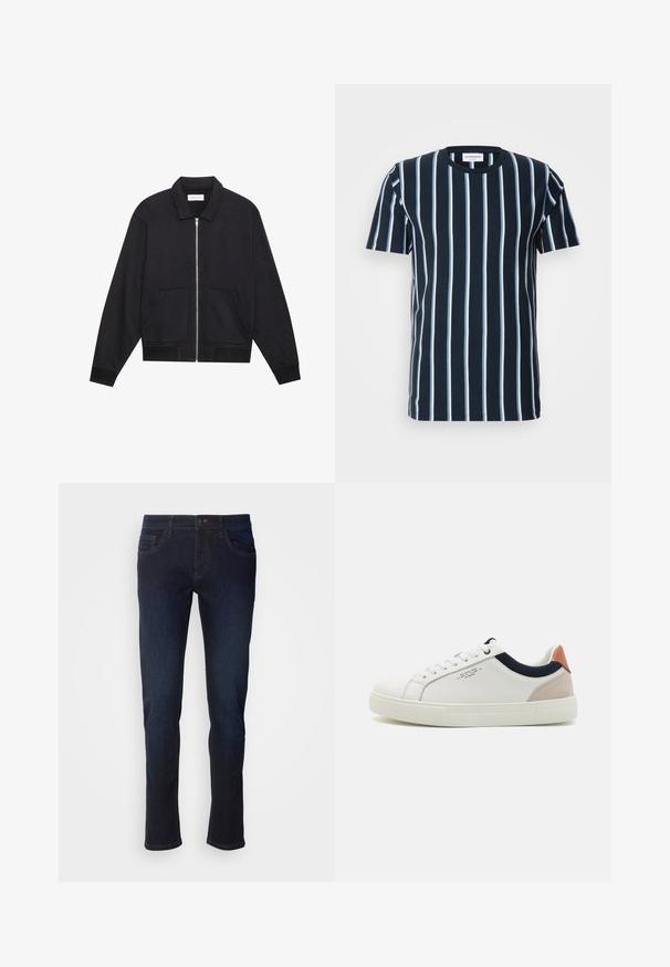 Schwarze Zip-Jacke mit Kragen, zwei Fronttaschen, gerippten Bündchen und einer strukturierten Stoffoberfläche. Einfaches und modernes Design.; StreifenT-Shirt in Marineblau mit vertikalen weißen Streifen, Rundhalsausschnitt, kurzen Ärmeln und lockerer Passform. Glattes Baumwollmaterial.; Dunkelblaue Jeans aus Denim mit geradem Bein, ausgestattet mit Fronttaschen, einem Reißverschluss und dezenten Nähdetails.; Weiße Leder-Sneaker mit einem Low-Top-Design, marineblauem Stoffakzent am Kragen und einem hellrosa Wildleder-Hackenteil. Gummisohle.