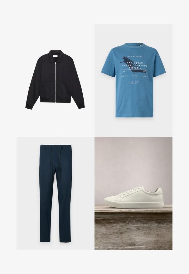 Chaqueta negra con cremallera y cuello, dos bolsillos frontales, puños acanalados y un acabado de tela texturizada. Diseño simple y moderno.; Camiseta de algodón azul con manga corta, que presenta un diseño gráfico de texto y un avión en la parte frontal. Cuello redondo y corte regular.; Pantalones azul marino de tela ligera, con cierre de botón y cordón ajustable, en un corte slim y tapered.; Zapatilla blanca con cordones flotando sobre un banco de madera con follaje verde al fondo, mostrando el diseño y la textura del zapato.
