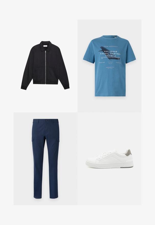 Veste noire zippée avec col, deux poches avant, poignets côtelés et finition en tissu texturé. Design simple et moderne.; T-shirt en coton bleu à manches courtes, avec un texte graphique et un motif d'avion sur le devant. Col rond et coupe régulière.; Pantalons cargo navy en coton, dotés de poches latérales, d'une fermeture à bouton, de jambes droites et d'une texture lisse.; Basket blanche en cuir lisse, à bout arrondi, design minimaliste, accent de talon gris et semelle en caoutchouc texturé.