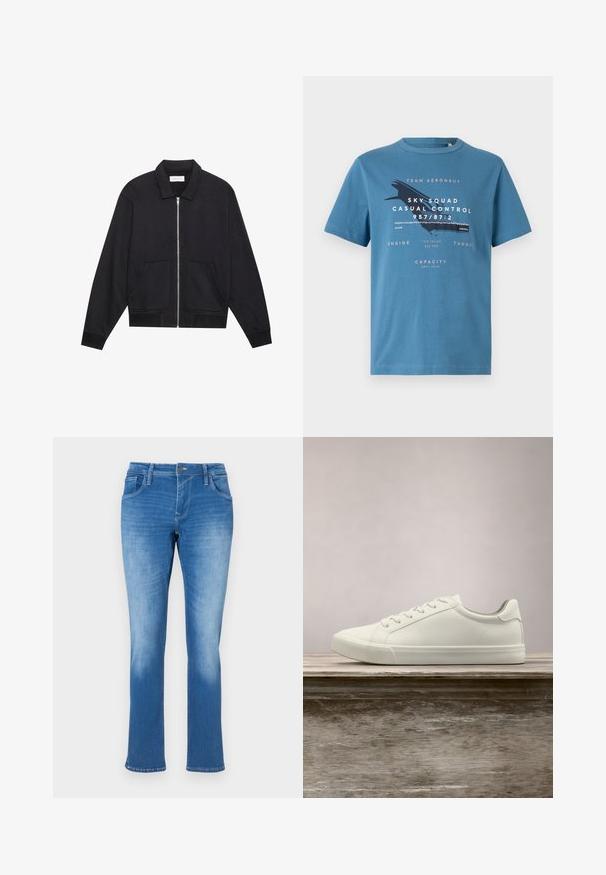 Zwarte ritssluiting jack met een kraag, twee voorkruiszakken, ribgebreide manchetten en een textuurstofafwerking. Eenvoudig en modern ontwerp.; Blauwe katoenen t-shirt met korte mouwen, met grafische tekst en een vliegtuigontwerp aan de voorkant. Ronde hals en reguliere pasvorm.; Blauwe denim jeans met een rechte pijp, uitgerust met vijf zakken, een ritssluiting en contrasterende stiksels. De stof heeft een gemiddelde wassing met vervaging.; Witte vetersneaker die boven een houten bank zweeft met groene bladeren op de achtergrond, waarbij het ontwerp en de textuur van de schoen worden getoond.