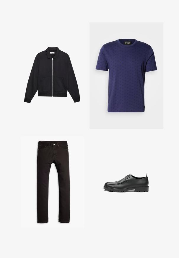 Zwarte ritssluiting jack met een kraag, twee voorkruiszakken, ribgebreide manchetten en een textuurstofafwerking. Eenvoudig en modern ontwerp.; Scotch & Soda REGULAR FIT - T-shirt print - peacoat; Zwarte slim-fit jeans met vijf zakken en knoopsluiting, plat weergegeven op een witte achtergrond.; Zwarte lederen schoenen met een gladde afwerking, ronde neus en decoratieve stiksels. Beschikt over een rubberen zool met tractiegrepen en een vetersluiting.
