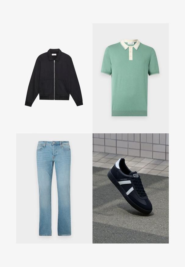 Schwarze Zip-Jacke mit Kragen, zwei Fronttaschen, gerippten Bündchen und einer strukturierten Stoffoberfläche. Einfaches und modernes Design.; Kurzärmeliges grünes Strick-Poloshirt mit kontrastierendem weißen Kragen und Knopfleiste, gerippten Bündchen und Saum.; Helle Blaue Jeans aus Denim mit geradem Bein, fünf Taschen, Knopfverschluss und subtiler Verblassung für Textur.; Schwarze Leder-Sneaker mit weißen Streifen, strukturiertem Gummisohle und Schnürung. Verfügt über ein Markenetikett auf der Zunge.