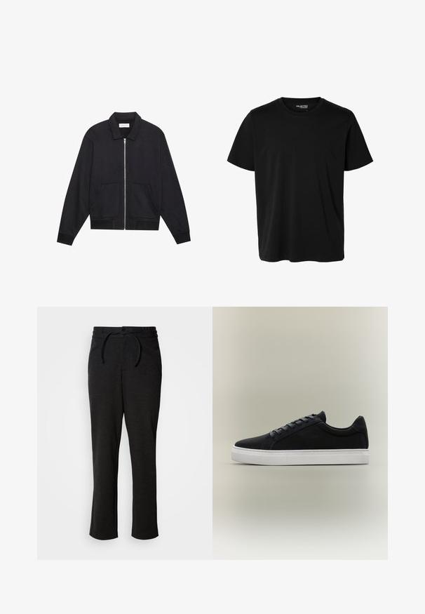 Sort lynlåsjakke med krave, to frontlommer, ribbede manchetter og en struktureret stoffinish. Enkel og moderne design.; Ensfarvet sort t-shirt med korte ærmer og rund hals, herrepasform, uden synlige mønstre eller logoer foran.; Sorte strikbukser med snoreliv, lige ben og sidelommer. Blød tekstur med en glat overflade.; Sort lavsko-sneaker med hvid gummisål, snøredesign og polstret krave vist på en neutral grå baggrund.