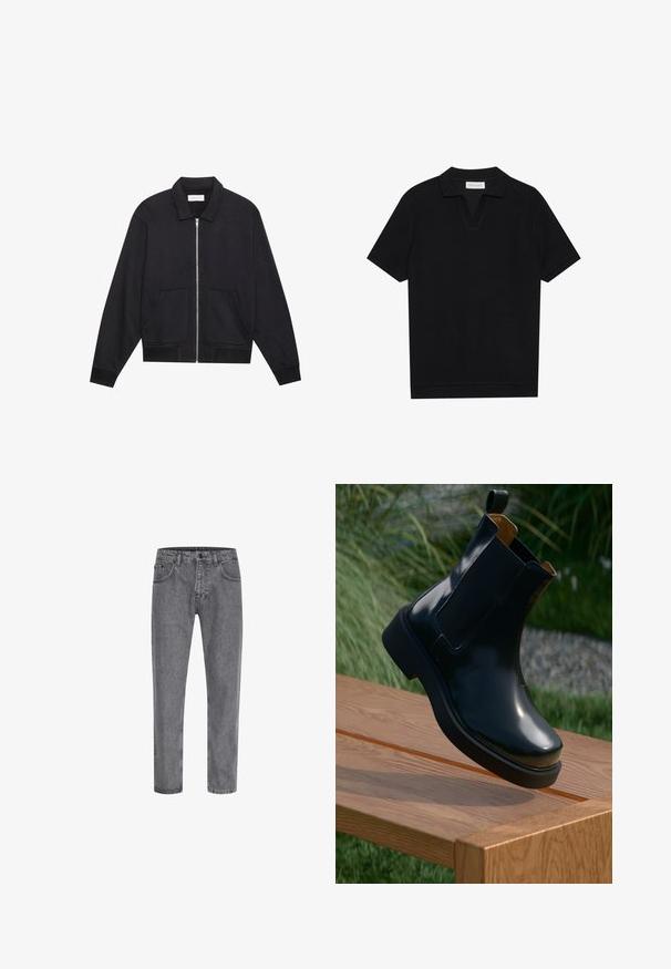Schwarze Zip-Jacke mit Kragen, zwei Fronttaschen, gerippten Bündchen und einer strukturierten Stoffoberfläche. Einfaches und modernes Design.; Schwarzes Kurzarm-Polohemd aus texturiertem, geripptem Stoff, mit einem V-Ausschnitt und geradem Saum. Keine sichtbaren Logos oder Muster.; Graue Denim-Jeans mit geradem Schnitt, Fünf-Taschen-Design, klassischem Knopf- und Reißverschluss, sowie subtiler Ausbleichung der Stoffstruktur.; Schwarze Leder-Chelsea-Stiefel mit glatter Oberfläche, elastischen Seitenpaneelen, abgerundeter Zehenform und dicke Gummisohle, die über einer Holzoberfläche platziert sind.