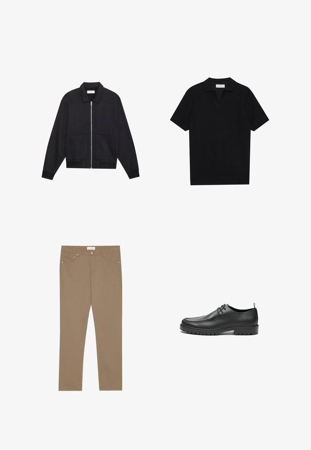Chaqueta negra con cremallera y cuello, dos bolsillos frontales, puños acanalados y un acabado de tela texturizada. Diseño simple y moderno.; Polo de manga corta negro con tejido texturizado y acanalado, con escote en forma de V y dobladillo recto. Sin logos ni patrones visibles.; Pantalones de algodón elásticos color beige con un diseño de pierna recta, estilo de cinco bolsillos y acentos de herrajes metálicos. Textura suave y detalles de costura clásica.; Zapatos de cuero negro con un acabado suave, punta redondeada y costuras decorativas. Cuenta con una suela de goma con surcos para tracción y un diseño de cordones.