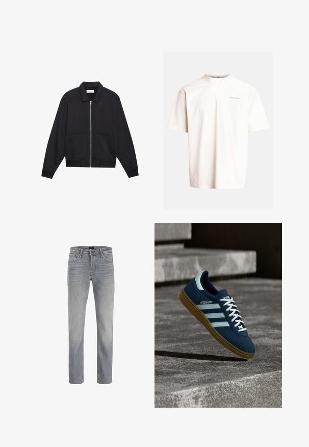 Zwarte ritssluiting jack met een kraag, twee voorkruiszakken, ribgebreide manchetten en een textuurstofafwerking. Eenvoudig en modern ontwerp.; Korte mouwen, T-shirt met ronde hals in off-white katoen met subtiele groene tekstlogo op de borst, voorzien van een relaxte pasvorm en zachte textuur.; Lichtgrijze denim jeans met een recht gesneden ontwerp, vijf zakken en een klassieke knoopsluiting. Gladde stofstructuur en een nette afwerking.; Blauwe Adidas Spezial sneaker met witte strepen en veters, gumzool, zwevend boven een ruwe betonnen oppervlakte en trappen op de achtergrond.