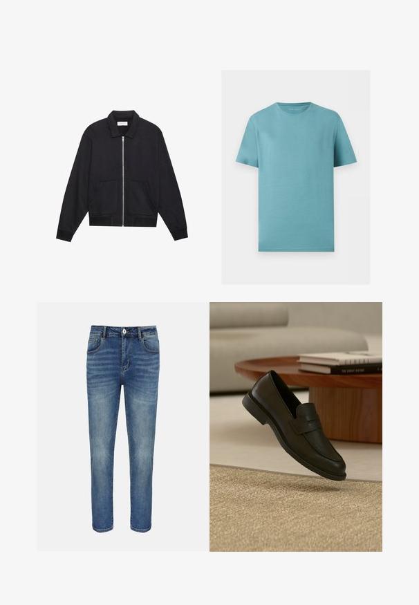 Zwarte ritssluiting jack met een kraag, twee voorkruiszakken, ribgebreide manchetten en een textuurstofafwerking. Eenvoudig en modern ontwerp.; Effen lichtblauw T-shirt met korte mouwen en ronde hals, plat uitgestald op een witte achtergrond.; Blauwe straight-leg spijkerbroek met knoop- en ritssluiting aan de voorkant, riemlussen en voor- en achterzakken.; Zwarte leren loafer schoen getoond in de lucht boven een beige geweven tapijt, met een houten tafel en gestapelde boeken in een zacht verlichte woonkamer.
